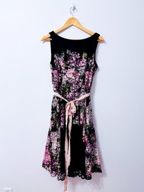LAURA Black Pink Floral Lace Fit Flare Midi Dress Tie Waist Size 10